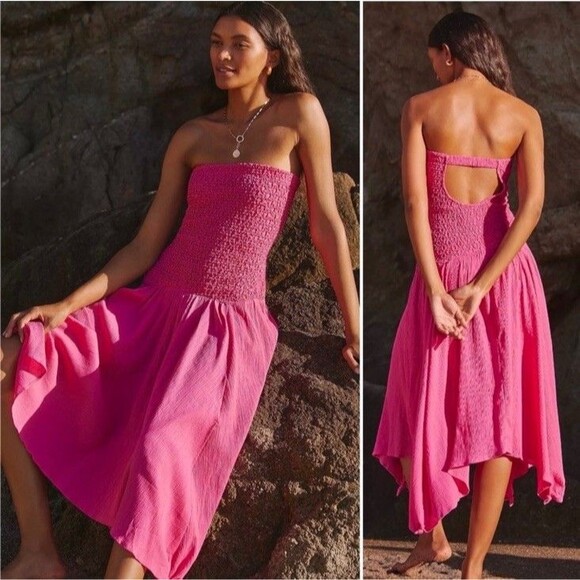 By Anthropologie Strapless Smocked Cover-Up Dress Pink Rose Large Fairy Hem - Picture 1 of 13